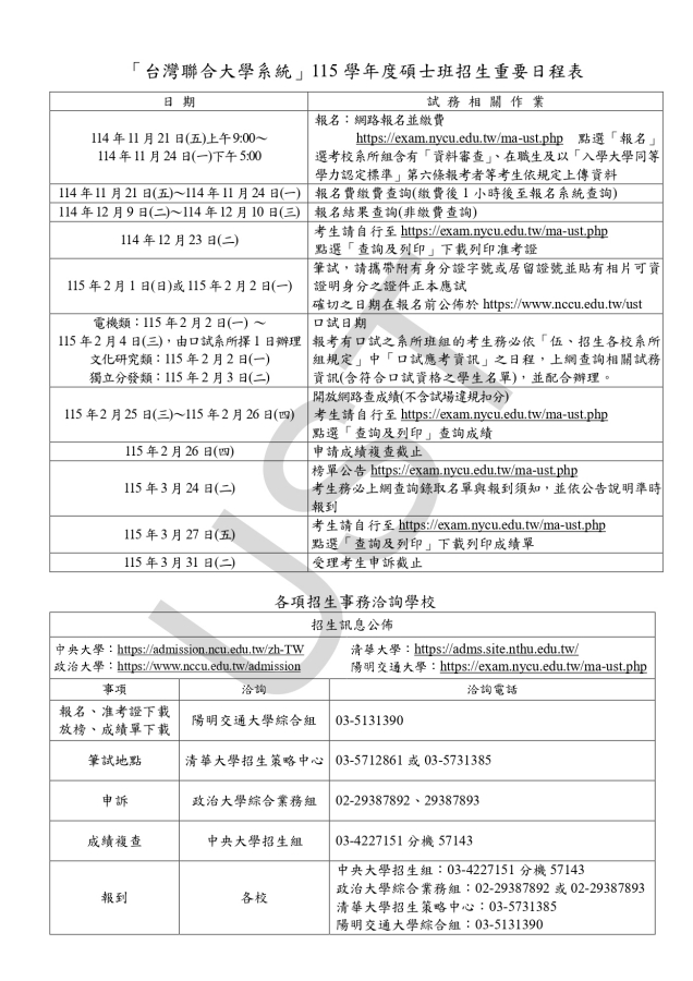 【115學年台聯大系統碩士班招生簡章】亞際文化研究國際碩士學位學程